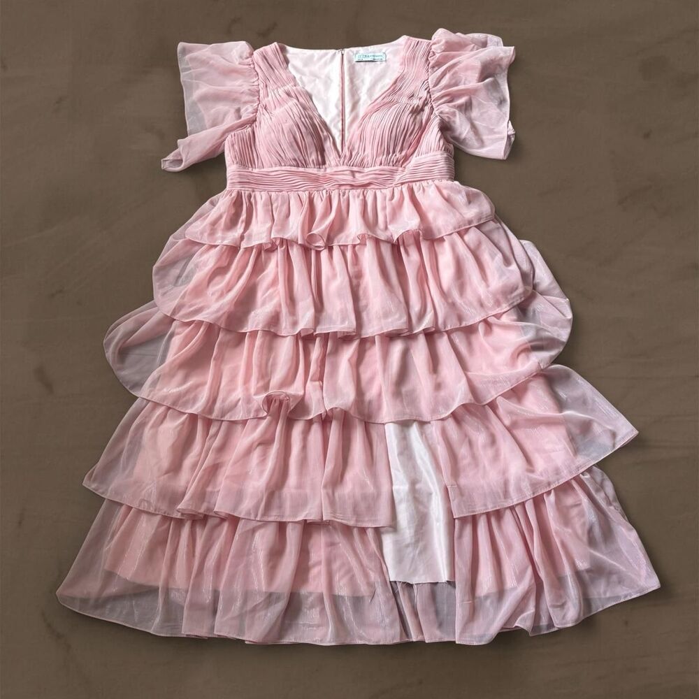 Pink tulle Flutter Sleeve Long Formal Dress Mac Duggal ruffled tiered